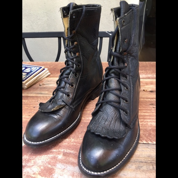 Vintage 100% Genuine Leather Lace up Boot Justin Women’s Black - Picture 13 of 15